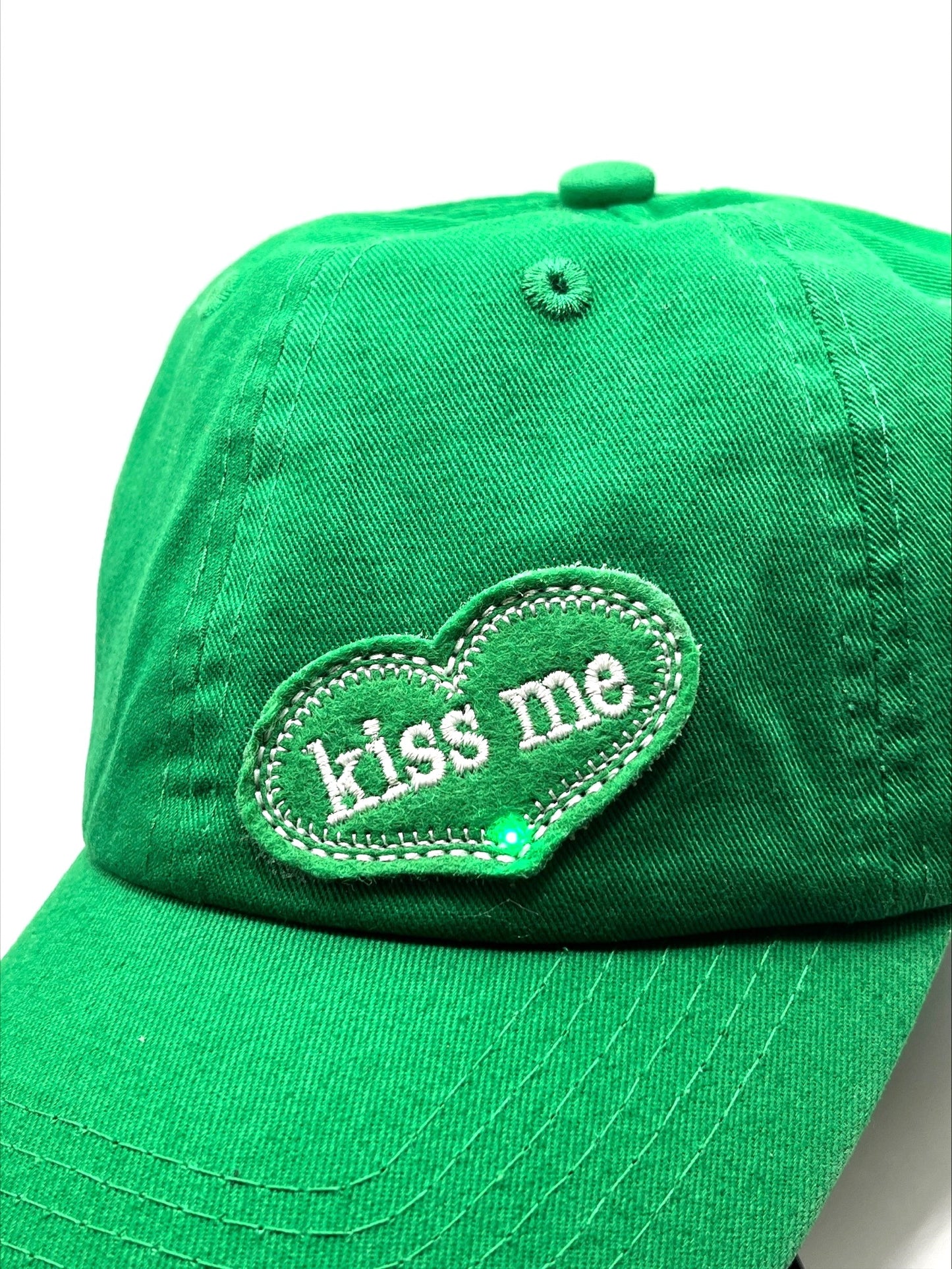 Illuminated "Kiss Me" Patch >>> On A Kelly Green or Pink Baseball Cap