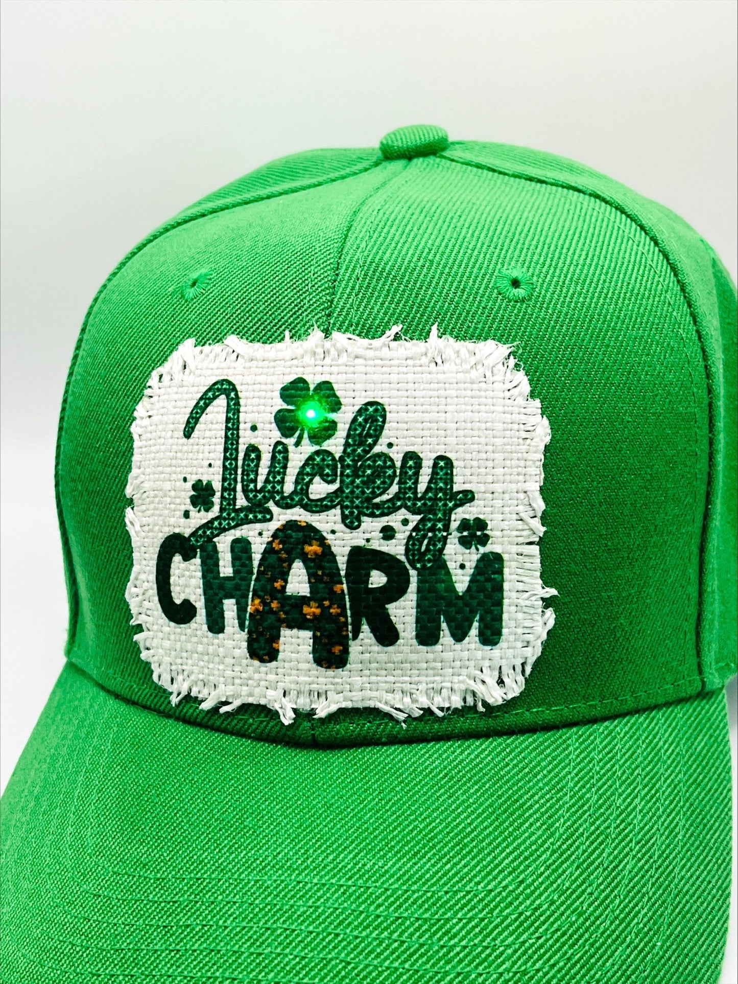 Illuminated Shamrock In A "Luck Charm" Patch >>> On A Kelly Green or Pink Baseball Cap